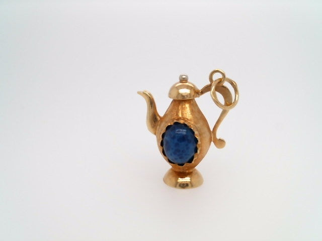 Vintage 18 Karat Yellow Gold Handmade Italian Teapot Charm With Lapis Blue Murano Glass Cabochons