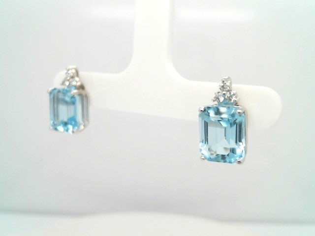 14 Karat White Gold Emerald Cut Blue Topaz & Diamond Stud Earrings