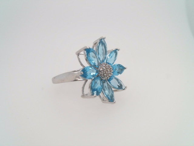 Vintage 14 Karat White Gold Sky Blue Topaz & Diamond Flower Ring
