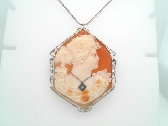 Antique 14 Karat White Gold Carved Seashell Cameo Pin/Pendant With Diamond Necklace