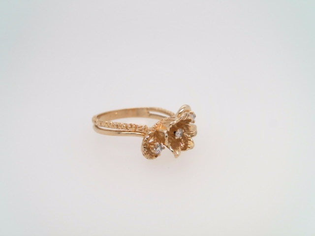 Vintage 14 Karat Yellow Gold Textured Flower Ring With Diamonds
