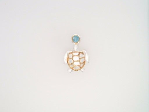 Sterling Silver And 22 Karat Gold Vermeil Sea Turtle Pendant With 1 Round Blue Topaz