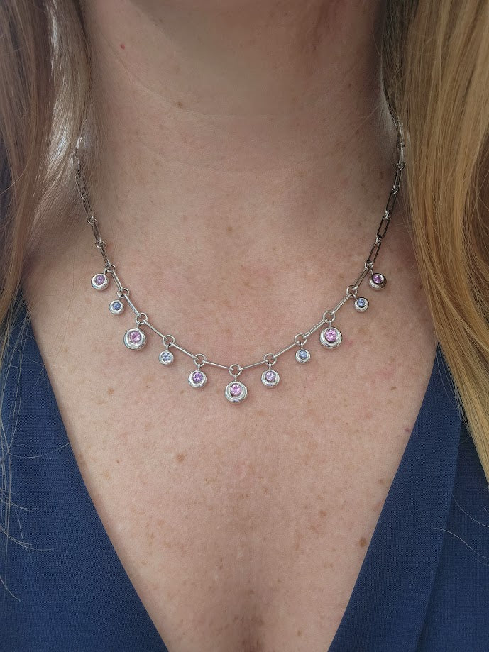 Vintage 18 Karat White Gold Chaumet Round Dangle Necklace With Pink, Purple & Blue Sapphires, 18"
