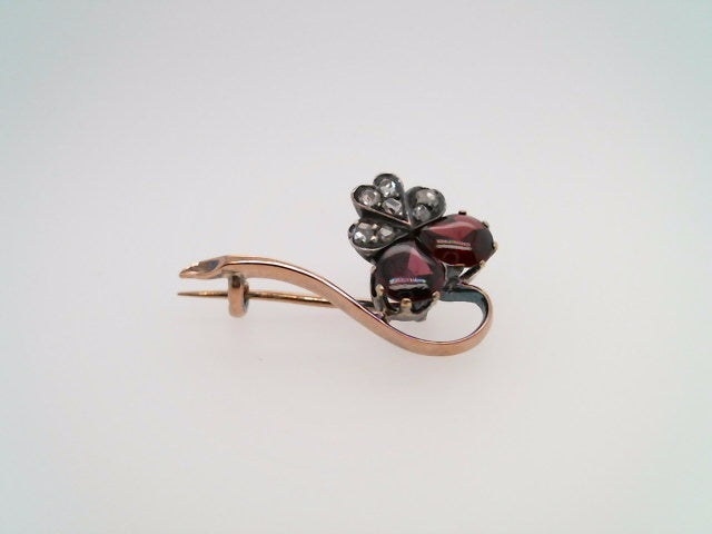Antique Victorian 14 Karat Yellow Gold & Sterlilng Silver Carbuncle Cut Cabochon Garnet & Rose Cut Diamond Pin