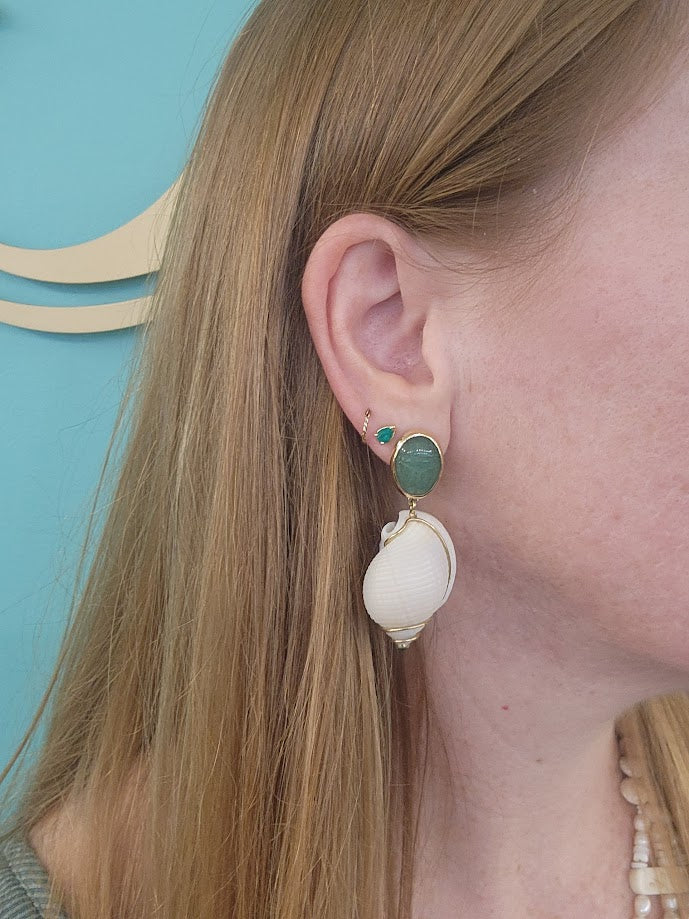 Handmade 14 Karat Yellow Gold Green Adventurine Scarab, Emerald & Florida Scotch Bonnet Seashell Dangle Earring With Omega Backs