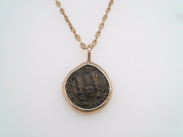 14 Karat Yellow Gold & Bronze Roman Empire Nummus Coin Pendant With Handmade Smooth Bezel