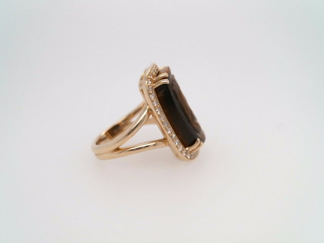 14 Karat Yellow Gold Carved Tiger's Eye Intaglio Ring With Diamond Halo
