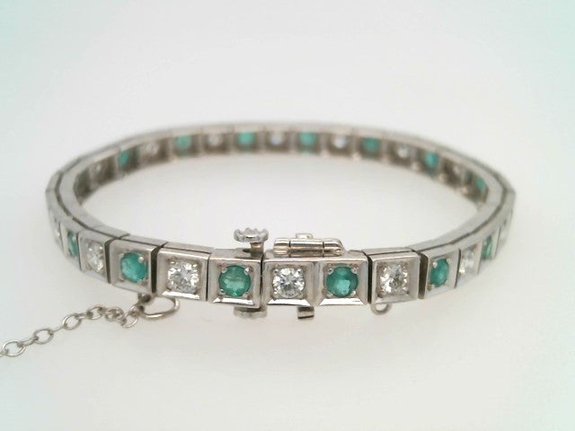 Vintage 14 Karat White Gold Emerald & Diamond Line Bracelet, 6.5"