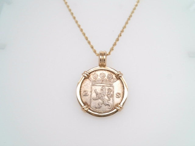 Sterling Silver double stuiver Coin Set In Prong Set In 14 Karat Yellow Gold Bezel Pendant