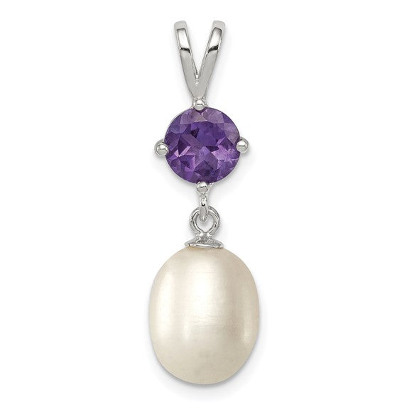 Sterling Silver White Freshwater Cultured Pearl And Amethyst Pendant