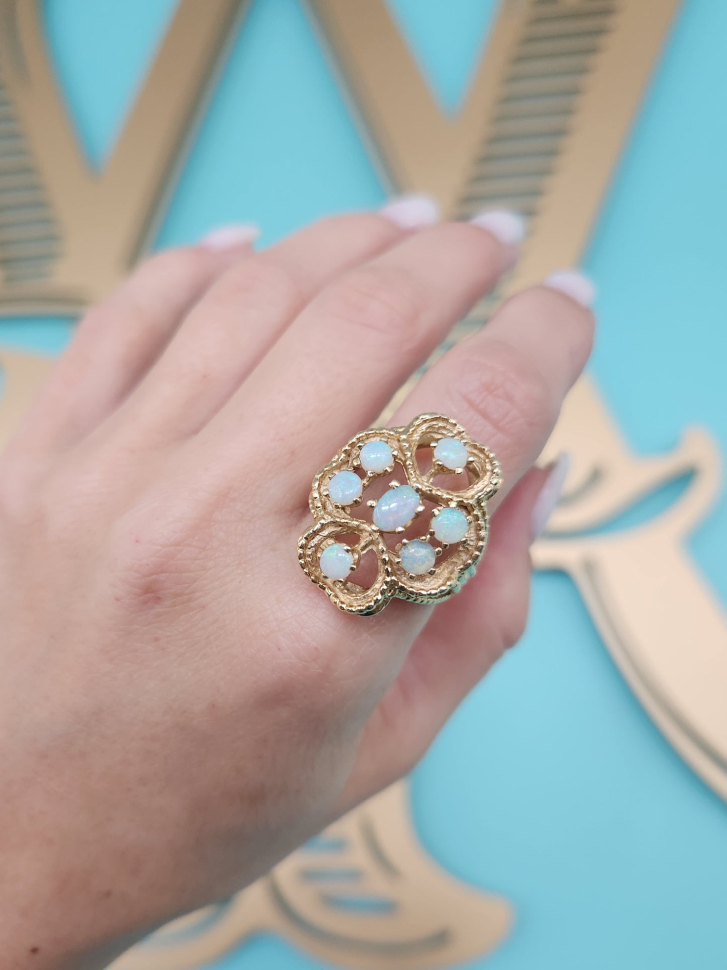 **Online Clearance** Vintage 14 Karat Yellow Gold Opal Cluster Cocktail Ring With Rope Detail