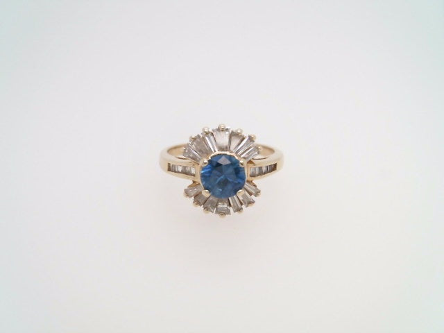 Vintage 14 Karat Yellow Gold Blue Sapphire & Baguette Diamond "Starburst" Cocktail Style Ring