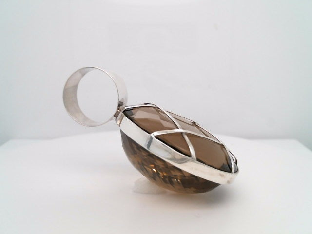 Vintage Sterling Silver Oval Smokey Quartz Pendant With Lattice Design