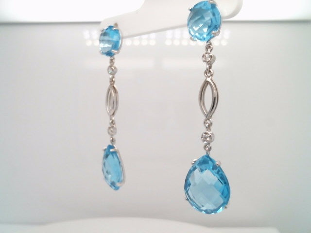 14 Karat White Gold Sky Blue Topaz & Diamond Long Dangle Earrings