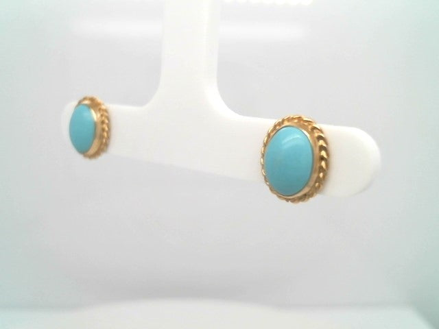 Vintage 14 Karat Yellow Gold Oval Turquoise Rope Edge Stud Earrings