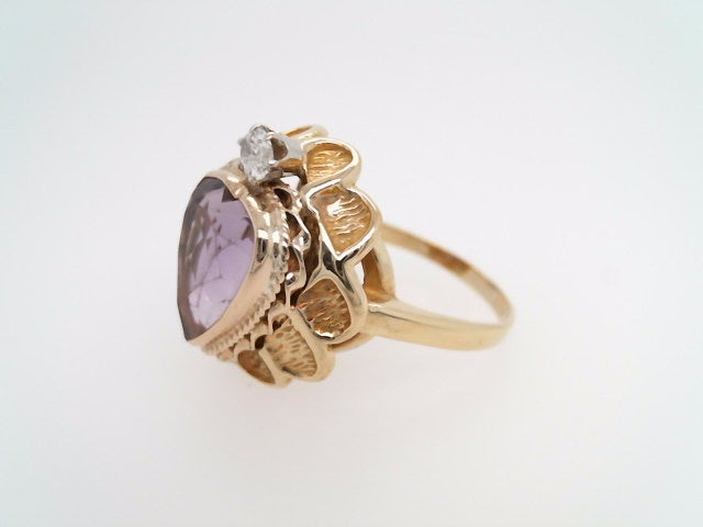 Vintage 18 & 14 Karat Yellow Gold Heart Shaped Amethyst Ring With Diamond Accent