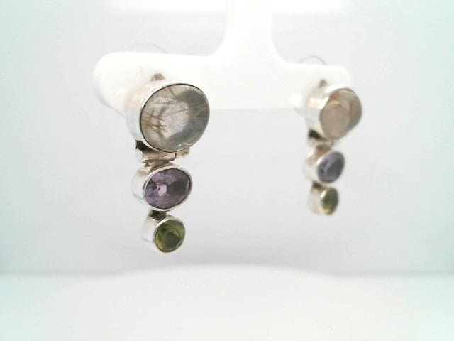 Vintage Sterling Silver Rutilated Quartz, Amethyst & Peridot Drop Stud Earrings