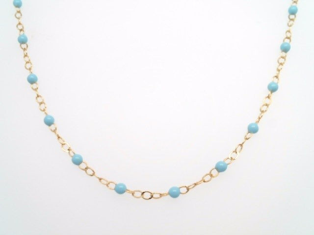 14 Karat Yellow Gold 19-20" 2mm Enamel Bead Necklace Turquoise Color
