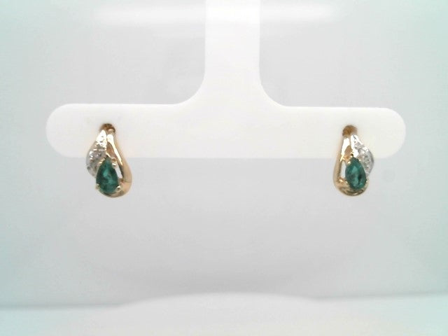 Vintage 10 Karat Yellow Gold Pear Shaped Emerald Earrings With Diamond Accents