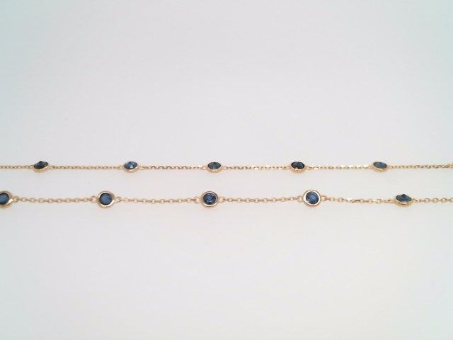 14 Karat Yellow Gold Bezel Set Blue Sapphire "By The Yard" Style Necklace 18" With A Loop At 16" And 17" For Adjustable Length