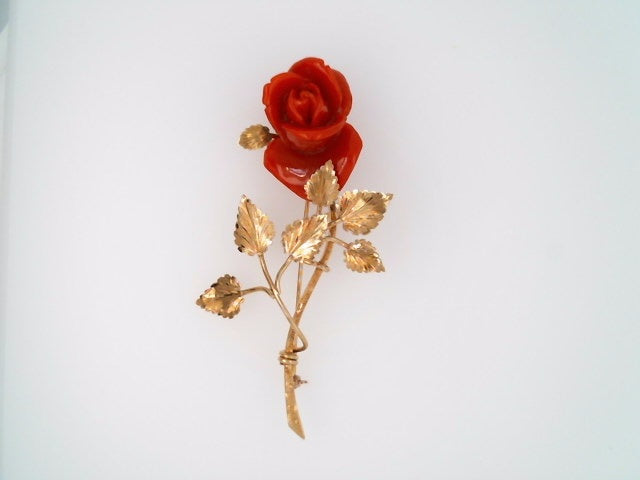 Vintage 18 Karat Yellow Gold Italian Glass Rose Pin 3" In Length.