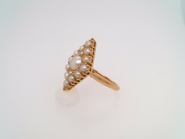Vintage 18 Karat Yellow Gold Elongated Diamond Shape Pearl Cluster Ring