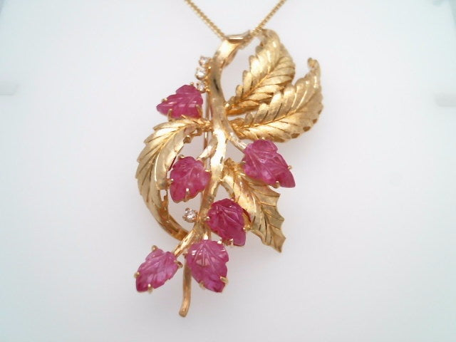 Vintage 18 Karat Yellow Gold Carved Ruby Leaves & Diamond Branch Pin/Pendant