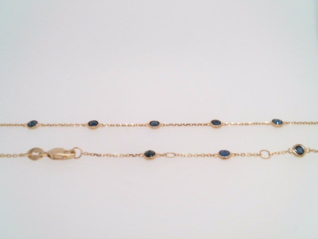 14 Karat Yellow Gold Bezel Set Blue Sapphire "By The Yard" Style Necklace 18" With A Loop At 16" And 17" For Adjustable Length