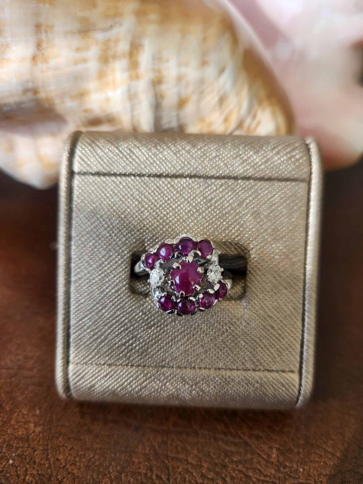 Online Clearance * Vintage 14 Karat White Gold Cabochon Ruby & Diamond Cluster Bypass Style Ring
