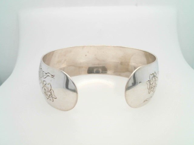 Vintage Sterling Silver "Daffodil" Etched Cuff Bangle Bracelet, Signed S. Kirk & Sons, Jonquil
