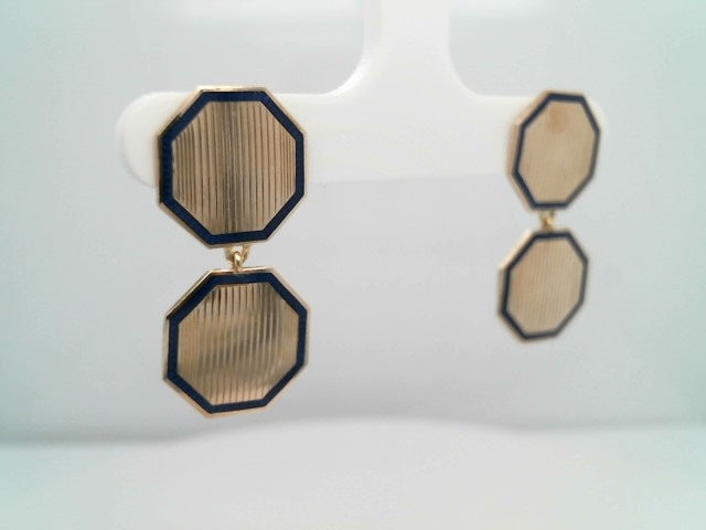 Antique Victorian 9 Karat Yellow Gold Hexagonal Double Drop Earrings With Blue Enamel
