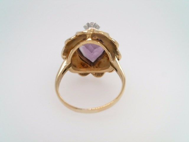 Vintage 18 & 14 Karat Yellow Gold Heart Shaped Amethyst Ring With Diamond Accent