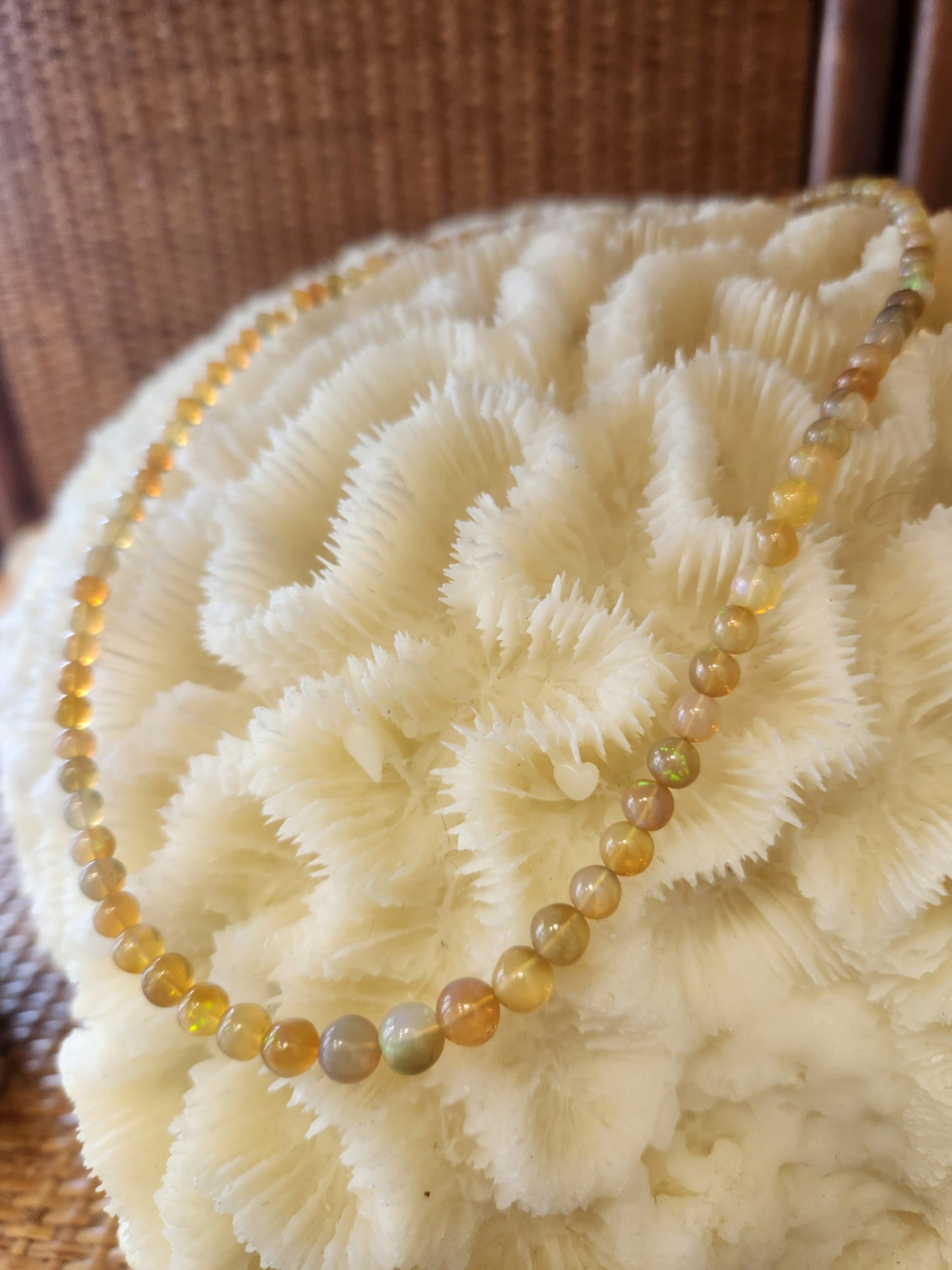14 Karat Yellow Gold Orange Ethiopian Welo Opal 3.5-6 Mm Round Bead Necklace, 17"