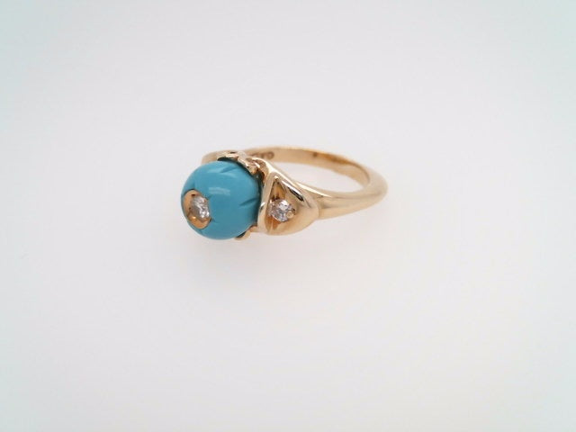 Vintage 14 Karat Yellow Gold 8 Mm Carved Turquoise & Diamond Ring