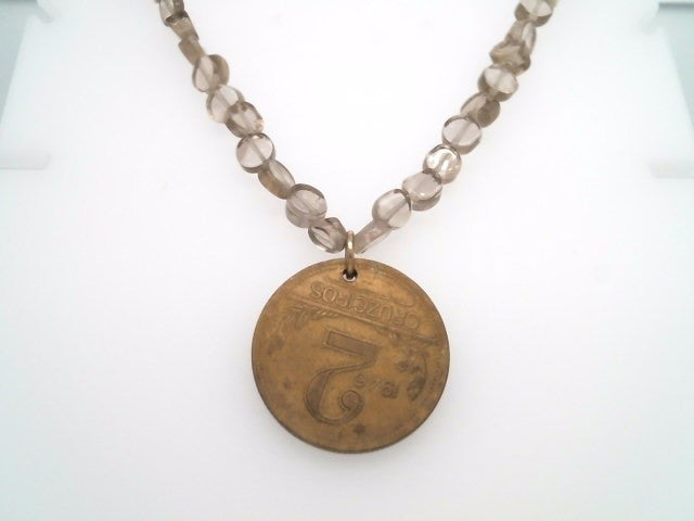 Handmade Sterling Silver Smokey Quartz Bead Necklace With Brazilian 2 Cruzeiros Coin Dated 1946, 18"