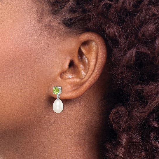 Sterling Silver White Freshwater Cultured Pearl And Peridot Drop Earrings