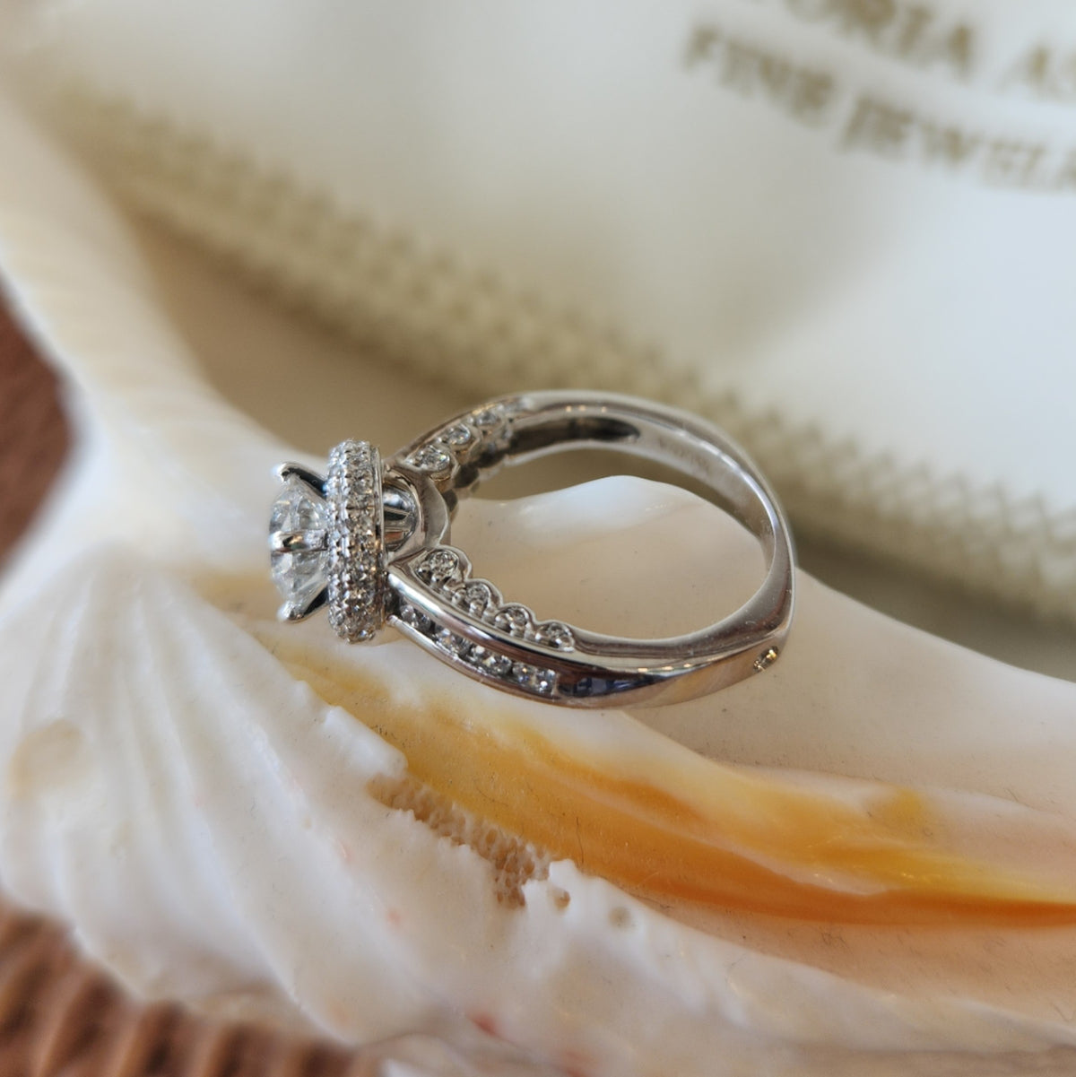 14 Karat White Gold Halo Style Diamond Engagement Ring With Hidden Halo