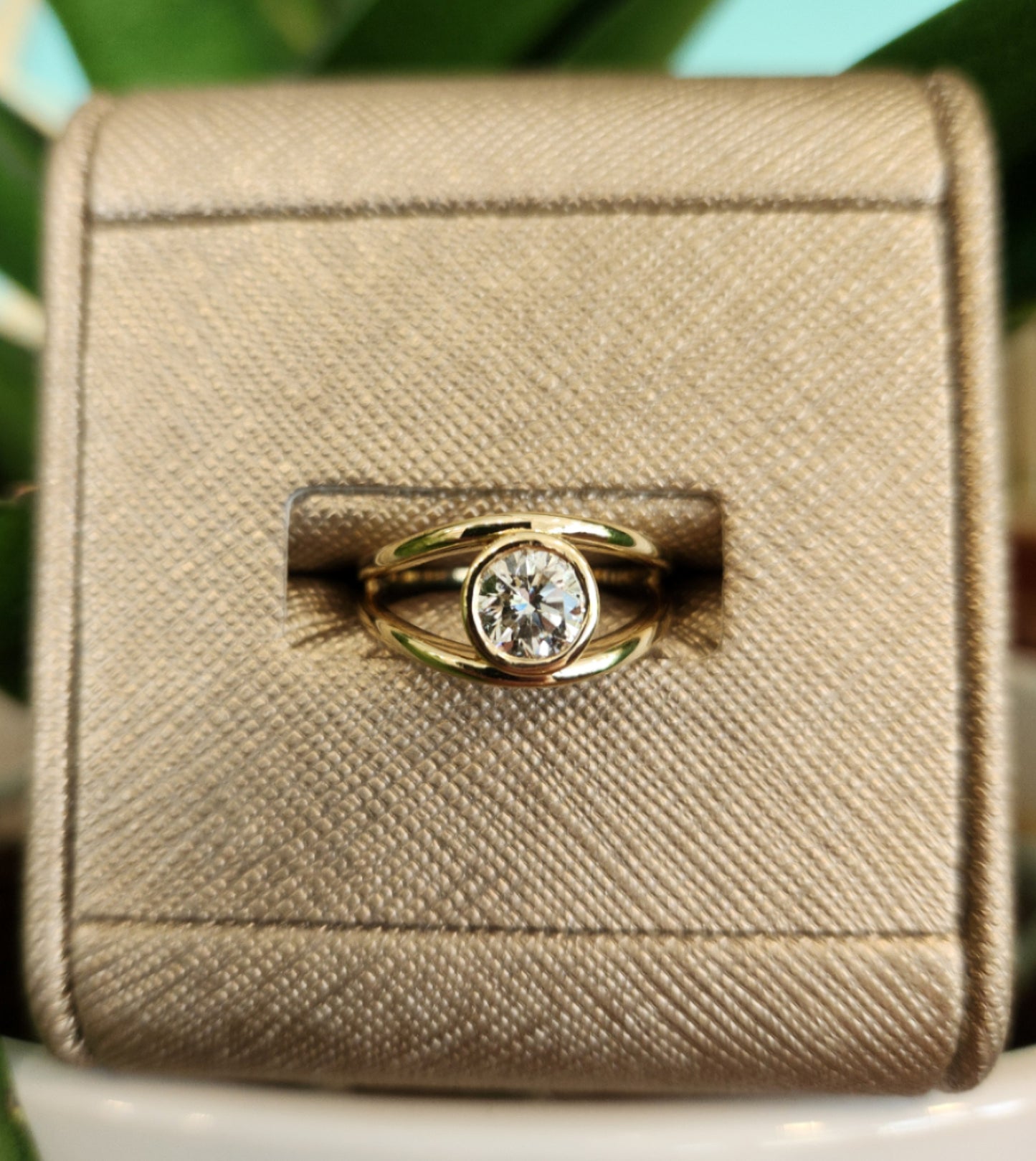 14 Karat Yellow Gold Open Split Shank Design Bezel Set Diamond Ring
