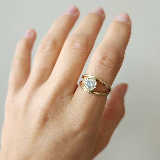 14 Karat Yellow Gold Open Split Shank Design Bezel Set Diamond Ring