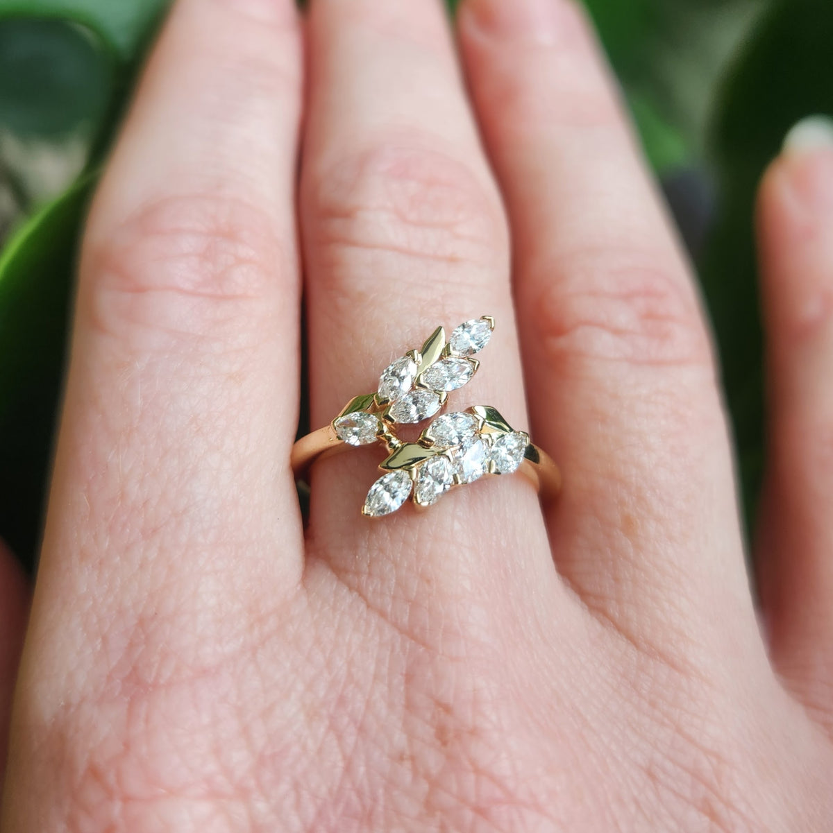 14 Karat Yellow Gold Floral Bypass Style "Vinea" Diamond Ring