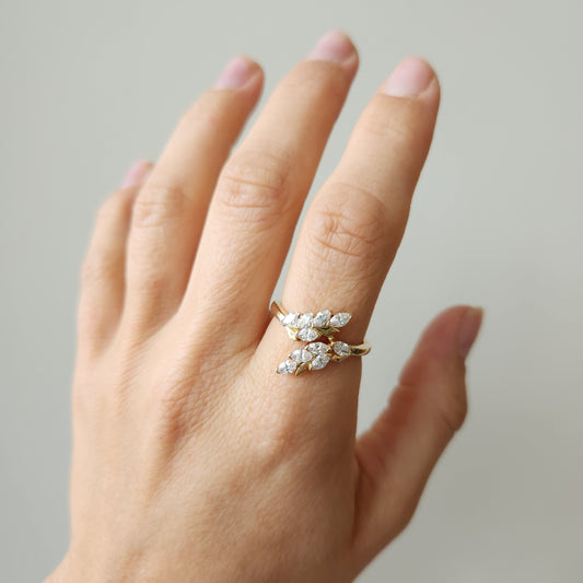 14 Karat Yellow Gold Floral Bypass Style "Vinea" Diamond Ring