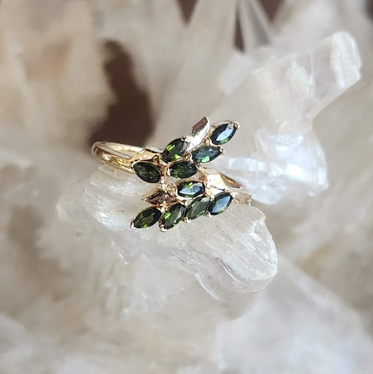 14 Karat Yellow Gold "Vinea" Floral Bypass Style Green Tourmaline Ring