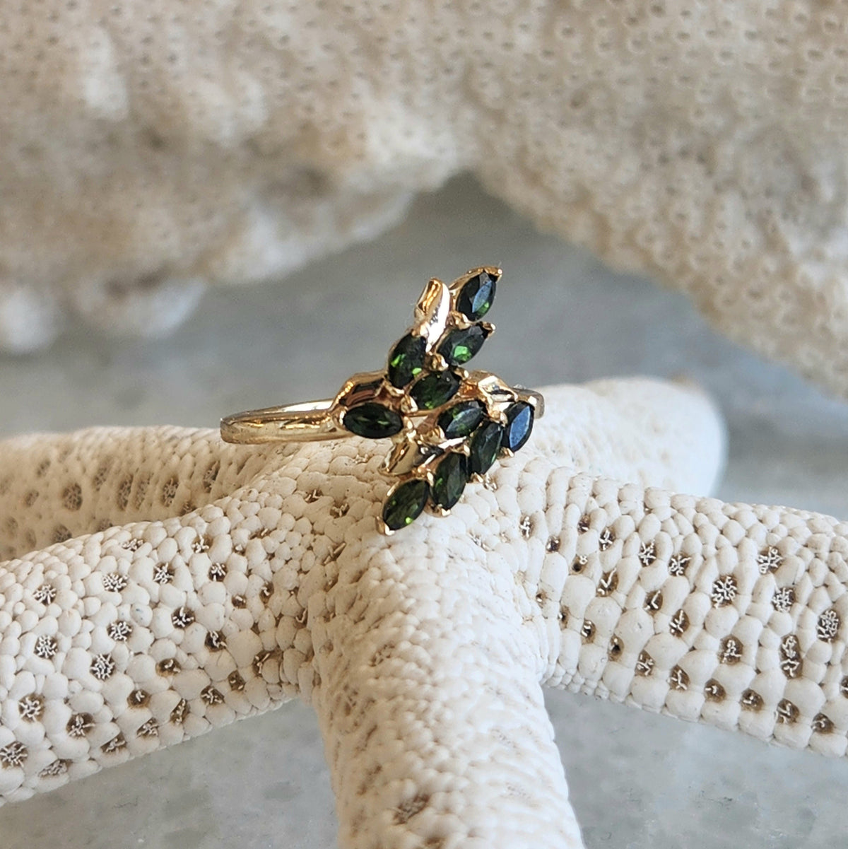 14 Karat Yellow Gold "Vinea" Floral Bypass Style Green Tourmaline Ring