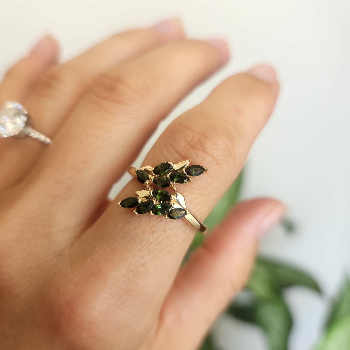 14 Karat Yellow Gold "Vinea" Floral Bypass Style Green Tourmaline Ring
