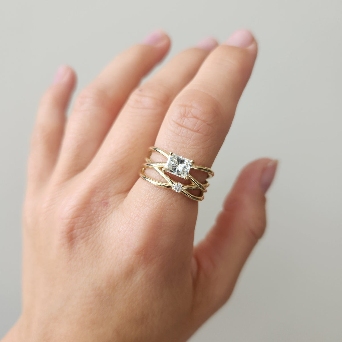 14 Karat Yellow Gold Criss-Cross Freeform Diamond Wide Band Style Ring