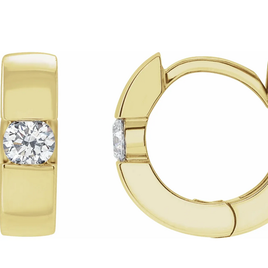 14 Karat Yellow Gold Huggie Style Diamond Hoop Earrings