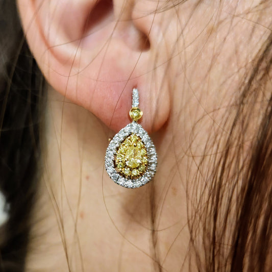 18 Karat White & Yellow Gold Fancy Natural Yellow & White Diamond Pear Shaped Cluster Earrings With Omega Backs