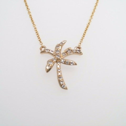 14 Karat Yellow Gold Fixed Diamond Palm Tree Necklace 18" In Length With A Loop At 16"