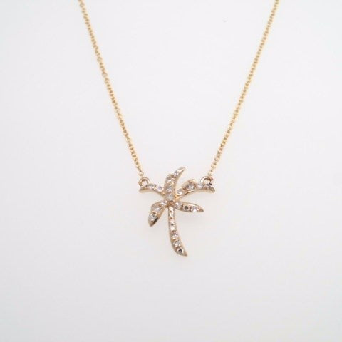 14 Karat Yellow Gold Fixed Diamond Palm Tree Necklace 18" In Length With A Loop At 16"