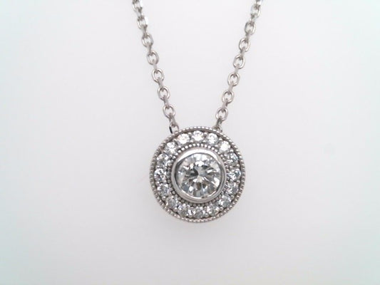 14 Karat White Gold Diamond Halo Pendant Necklace With Cable Chain 18-20"